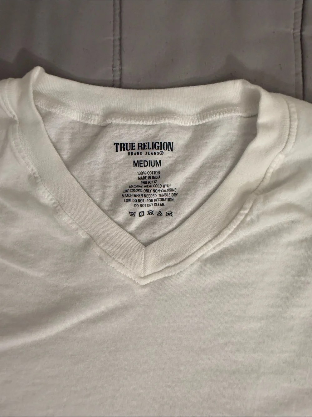 True Religion White V-Neck Tee with Red Accents